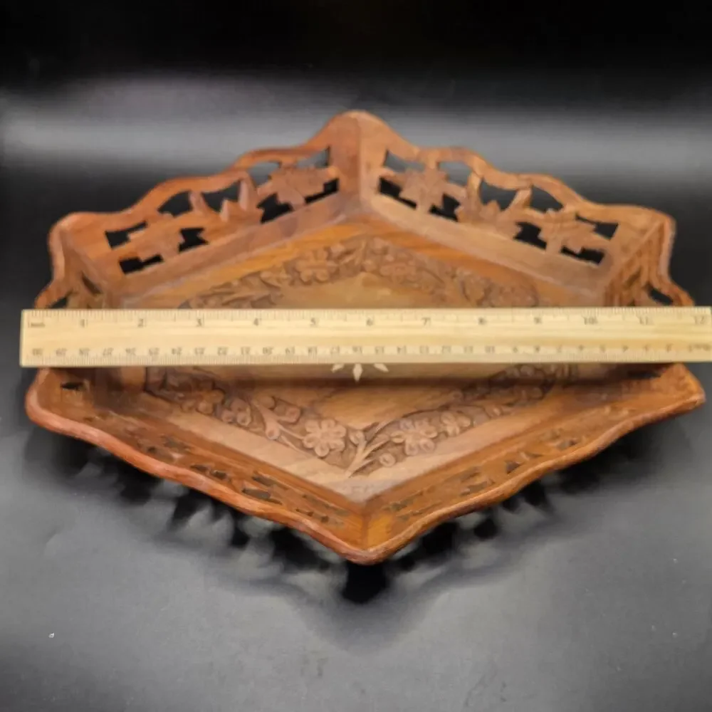 Hand Carved Wooden Bowl Tray 6 Sides Floral Leaf White Inlay Open Work Border